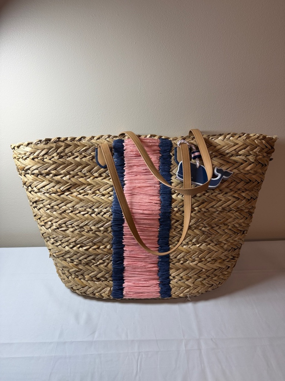 Vineyard Vines x Target Straw Tote Bag with Pink & Navy Fringe Accent
